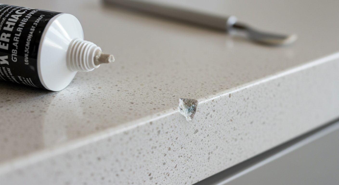 DIY Repairs for Chips and Scratches Small chip on a light countertop with a repair kit nearby, illustrating minor DIY repair.