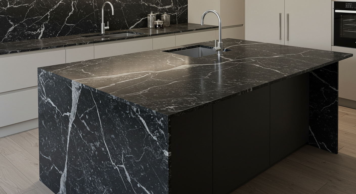 granite countertop with pronounced gray and white veins and polished and weathered textures Granite countertop with pronounced gray and white veins and polished and weathered textures