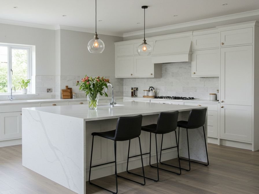 Waterfall countertop in a spacious minimalist