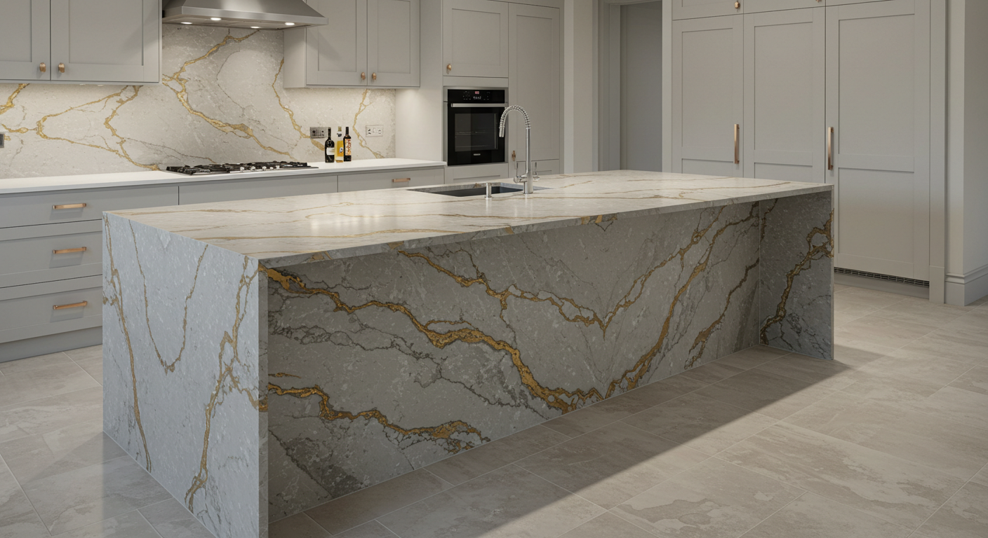 Calacatta quartz with bold - expressive grey and gold veins Stunning kitchen island with Calacatta quartz countertop with dramatic veining and waterfall edge design.